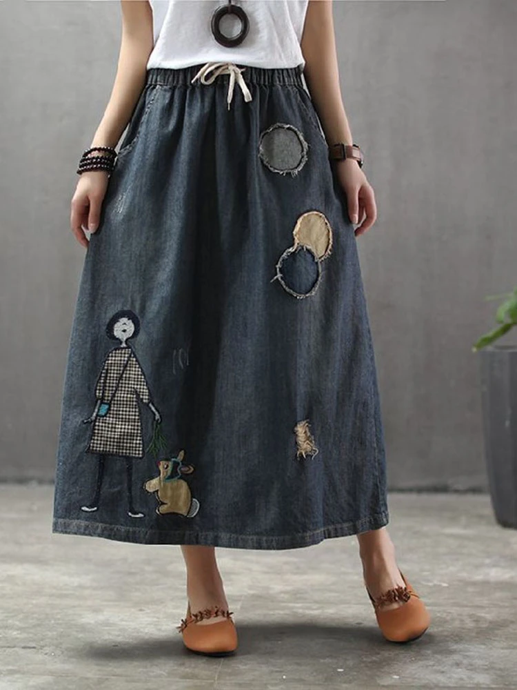 Max LuLu 2024 Korean Fashion Streetwear Women Summer Classic Embroidery Loose Denim Skirts Ladies Casual Vintage Cartoon Clothes