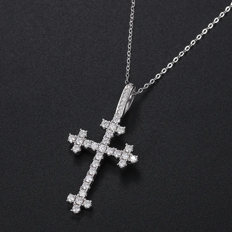 European and American  hi p hop S925 sterling silver inlaid moissanite cross pendant men's novelty cross necklace jewelry