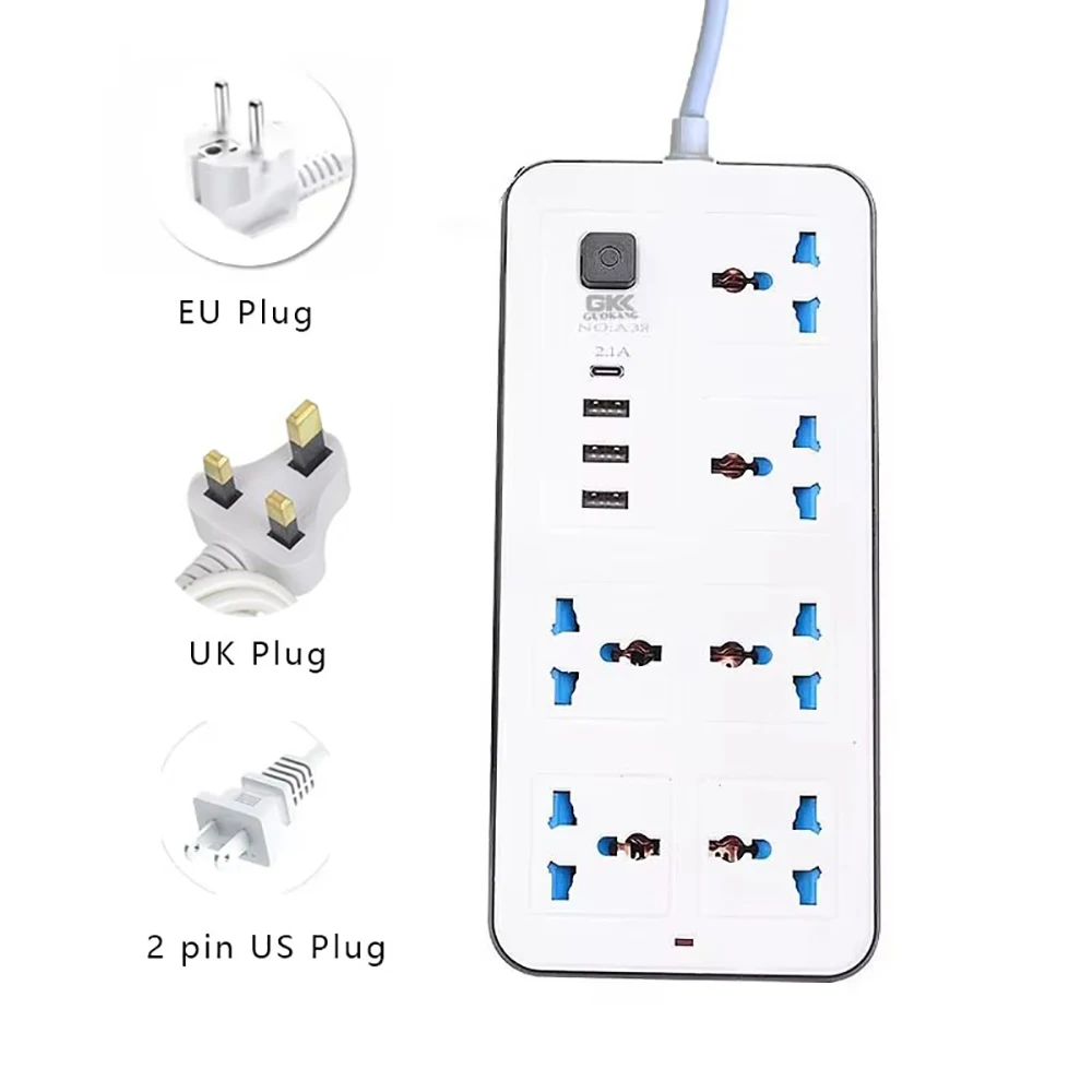 Power Multi Tap Universal Plug EU US UK Outlet Power Strip with 2m Extension Cord AC Type C +3USB Ports Charge Electrical Socket