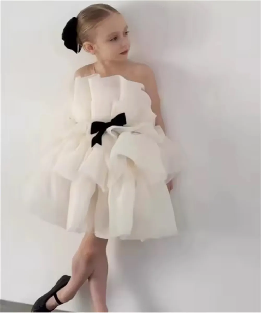 

Cute Sleeveless Flower Girl Wedding Dress Tiered with Bow Princess Birthday Party Prom Dress Baby Girls Host Performance Gown
