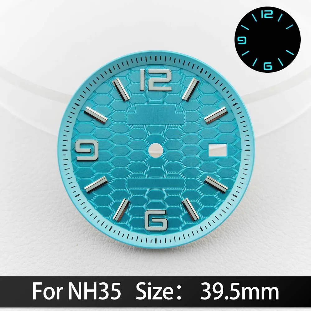 For NH35/NH36 Dials 39.5mm Blue Green luminous Calendar Window Concave Dial NH35 Automatic Movement Watch Replacement Parts
