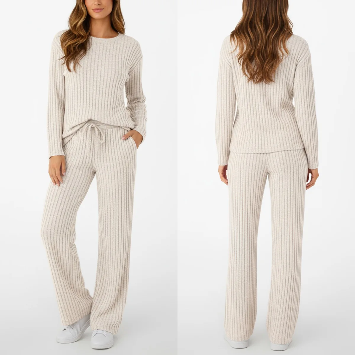 

Осень-зима, вязаный комплект из двух предметов в рубчик, женский топ с круглым вырезом и длинными рукавами, широкие брюки, одежда для дома, повседневная однотонная одежда