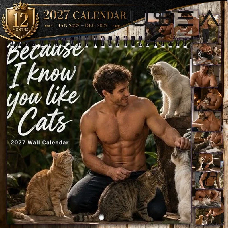 2027 Desk Calendar 12 Months Handsome Men With Cats Monthly Flip Calendar Funny Novelty Desk Hanging Calendar Gift for Women