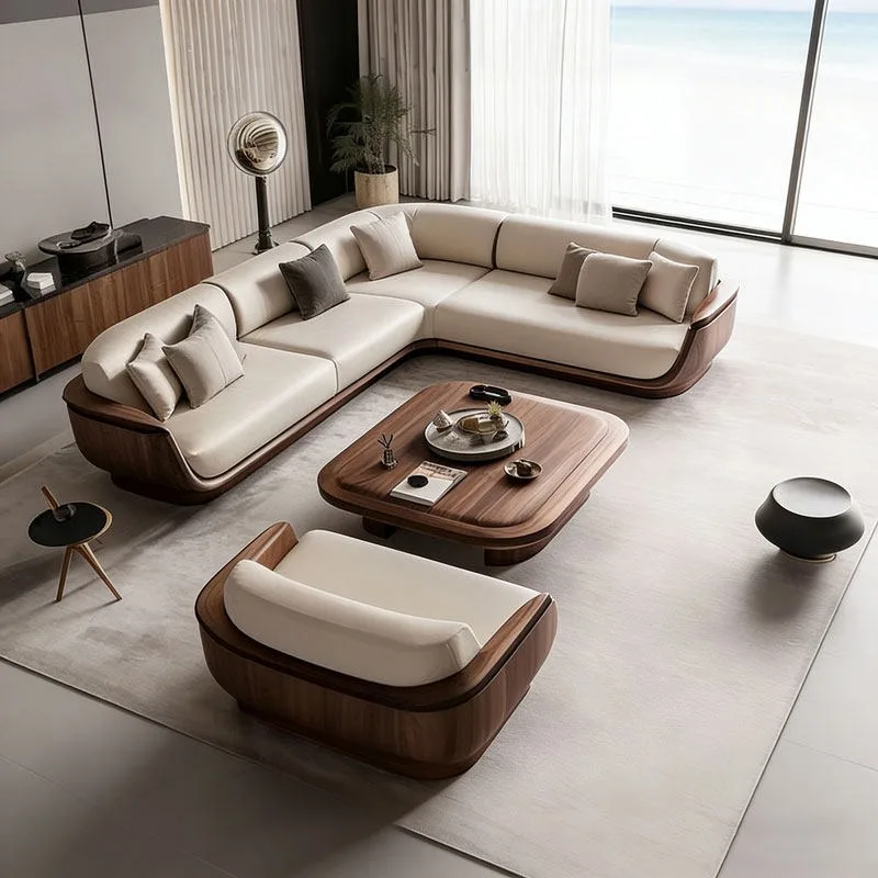 

#Modern Curved Sectional Sofa with Solid Wood Frame Upholstered Leather L-Shape Sofa Set for Living Room