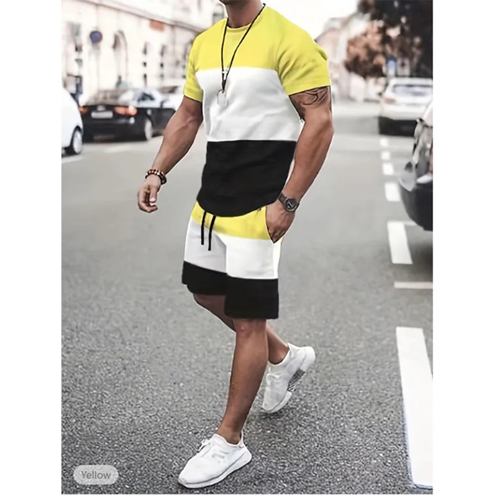 Men\'s T-shirt Suits Tracksuit Shorts and T Shirt Set Color Block Crew Neck Wear Vacation Short Sleeves 2 Piece Clothing Apparel