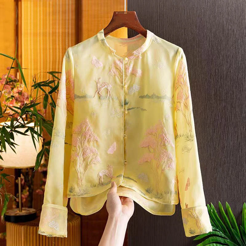 Superior Quality New Chinese Style V-Neck Shirt Women's Loose 2024 Summer Casual Long Sleeved Silk Organza Embroidery Top S-XXL