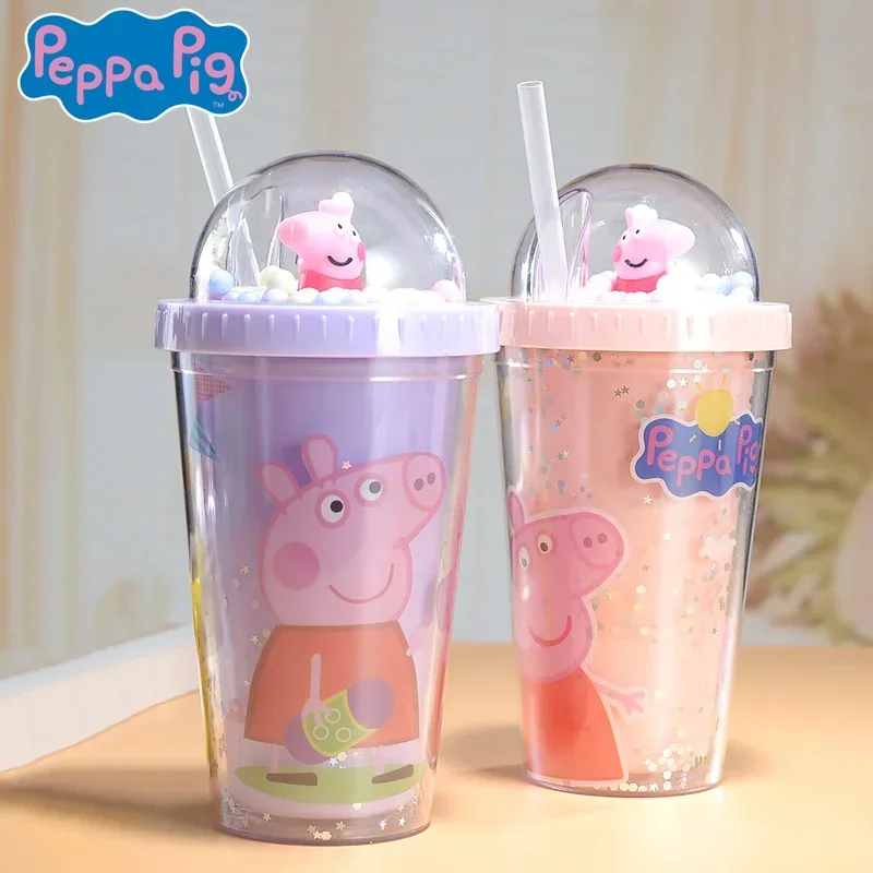 

Kawaii Hasbro Свинка Пеппа Чашка для воды Милый мультфильм Двойная пластиковая соломенная чашка Детская портативная мультяшная чашка для воды Праздничный подарок