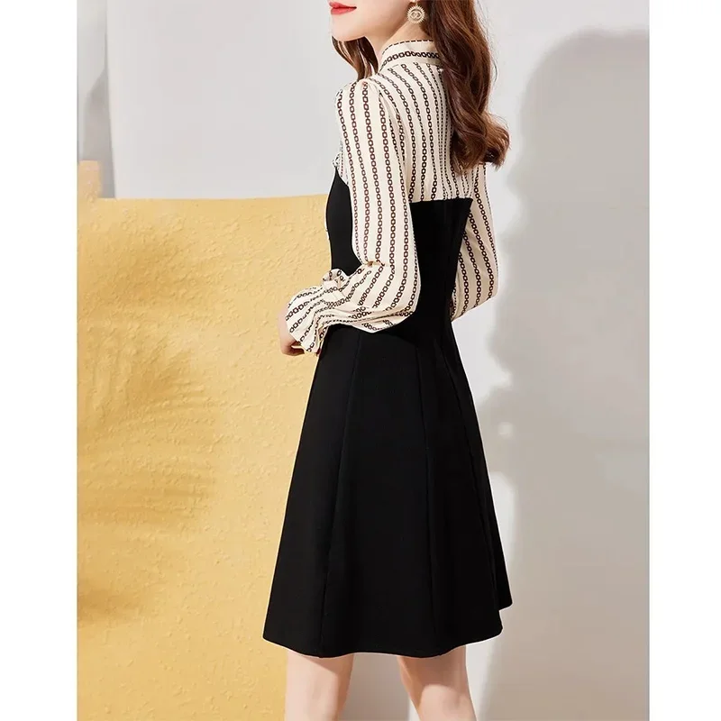 Women\'s Clothing Fashion Button Bow Elegant Dress Spring Autumn Office Lady Spliced Slim Knee-Length Dress