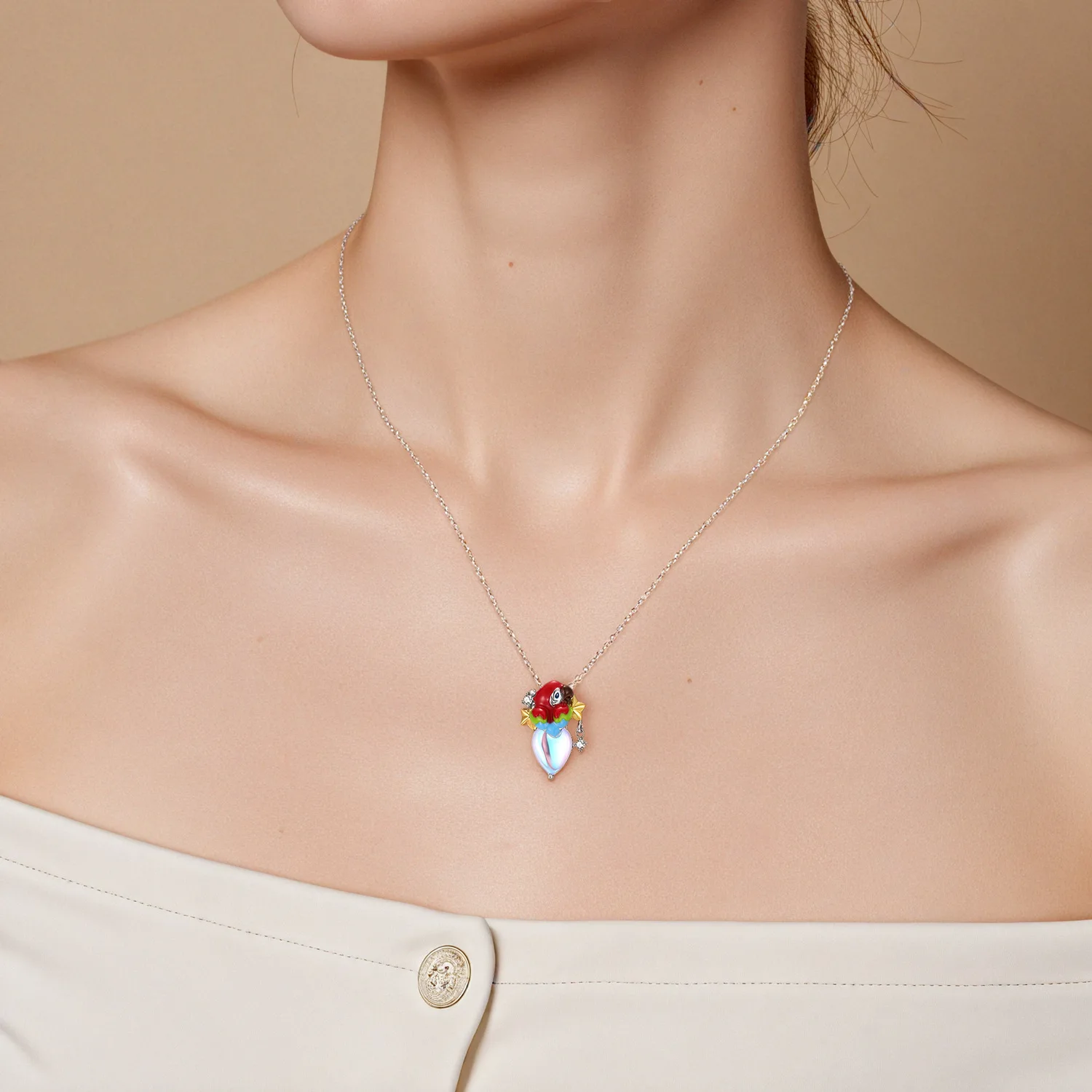 Chinese Style Auspicious Lucky S925 Sterling Silver Enamel Parrot Pendant Necklace Inlaid Moonstone Clavicle Chain Fortune Bless