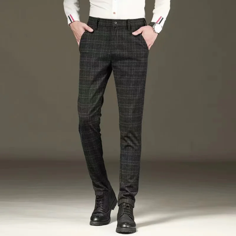 Fashion Black Grey Casual Trouses Mens Straight Fit Long Pants Striped Plaid Four Seasons High Quality Brand Business Trousers