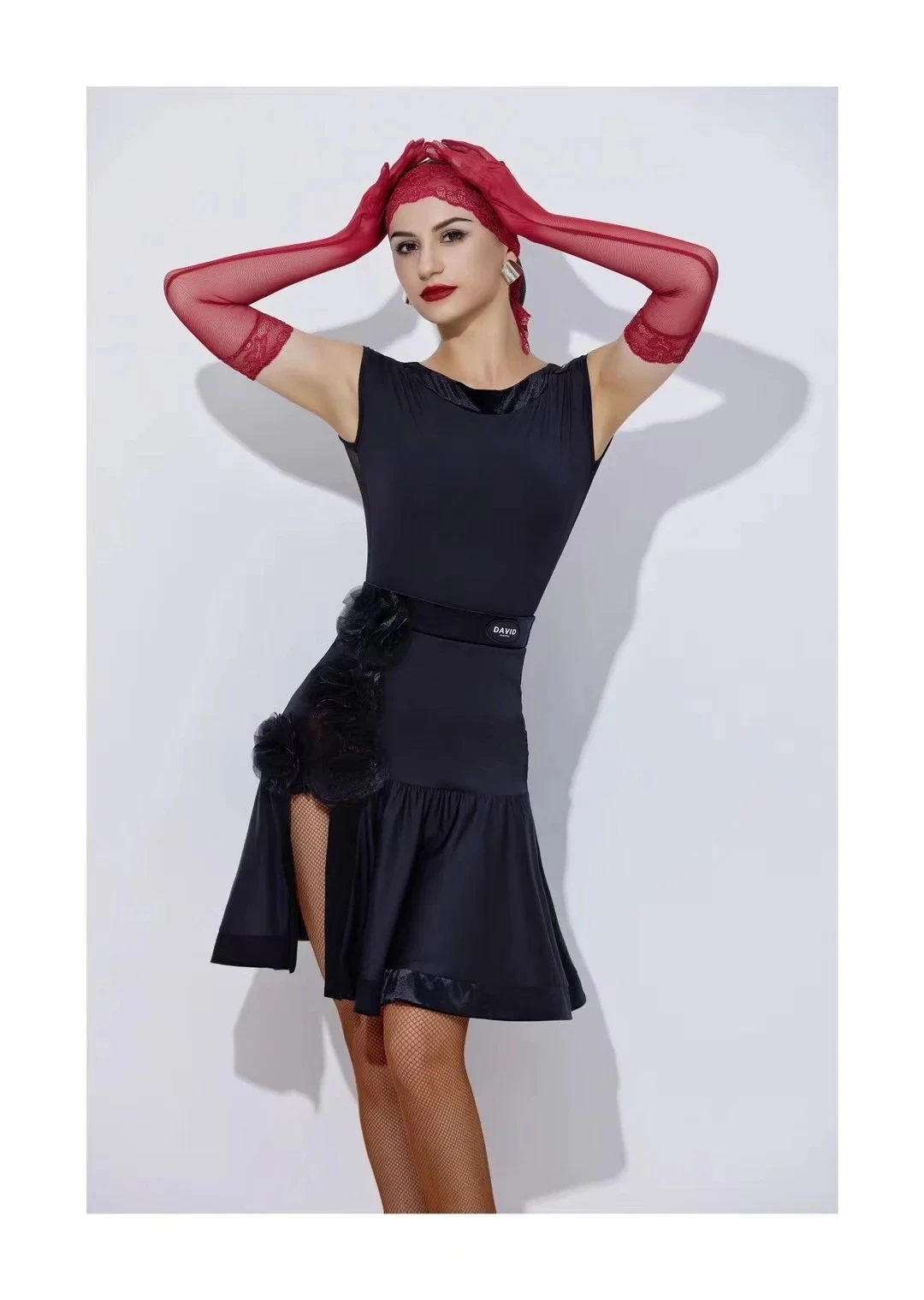 UK Latin danskostuum dames professionele Latin tweedelige set met mesh panelen en hoge splitrok Ballroomdanskostuums