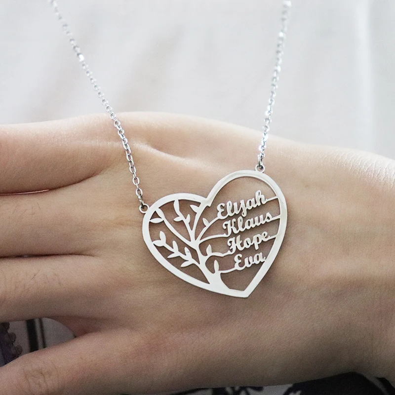 Custom 1-4 Name Heart Necklace Personalized With Family Member's Name Chain Tree Of Life For Women Birthday Memorial Day Gift