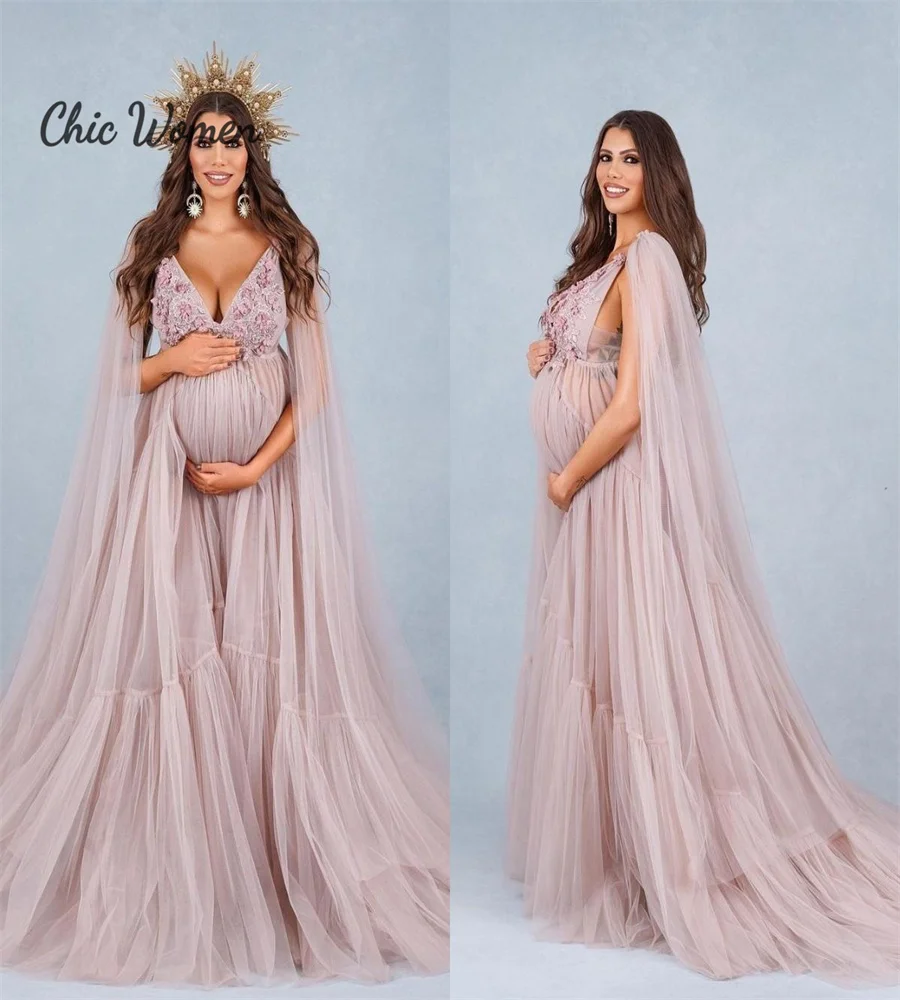 Sexy V Neck Maternity Evening Dress For Photo Shoot Tulle Prom Dress With Wrap Flowers Baby Shower Gowns Party vestido de novia