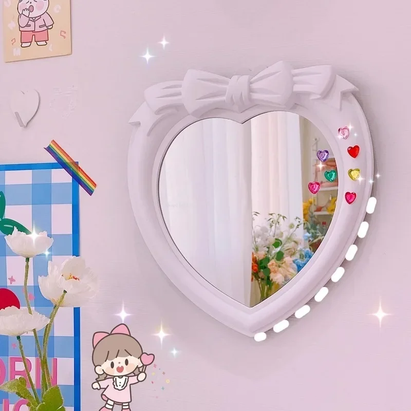 Ins Style Pink Bow Heart-shaped Mirror Home Decor Desktop Wall Hanging Dual-use Dresser Room Student Dormitory Decoration Mirror