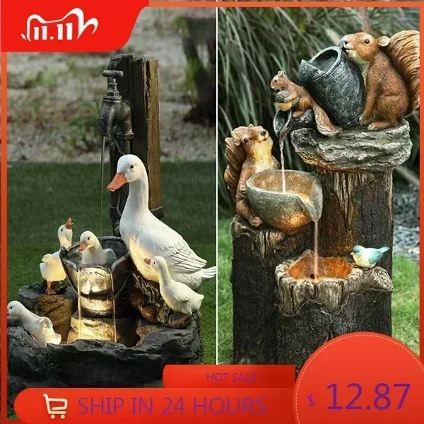 E2 Duck Solar Power Squirrel Resin Patio Fountain Garden Design With Led Light Garden Decoration Outdoor Simulation Decoration