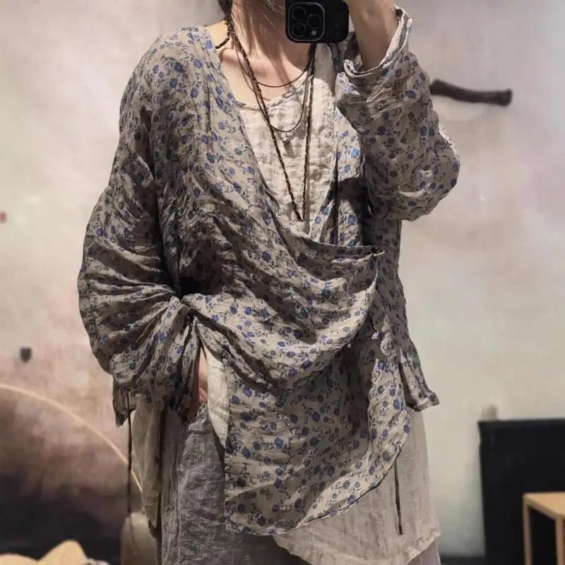 New Spring Summer Arts Style Women Long Sleeve Loose V-neck Shirt High Quality Ramie Slanting Front Lace-up Blouse Femme Tops