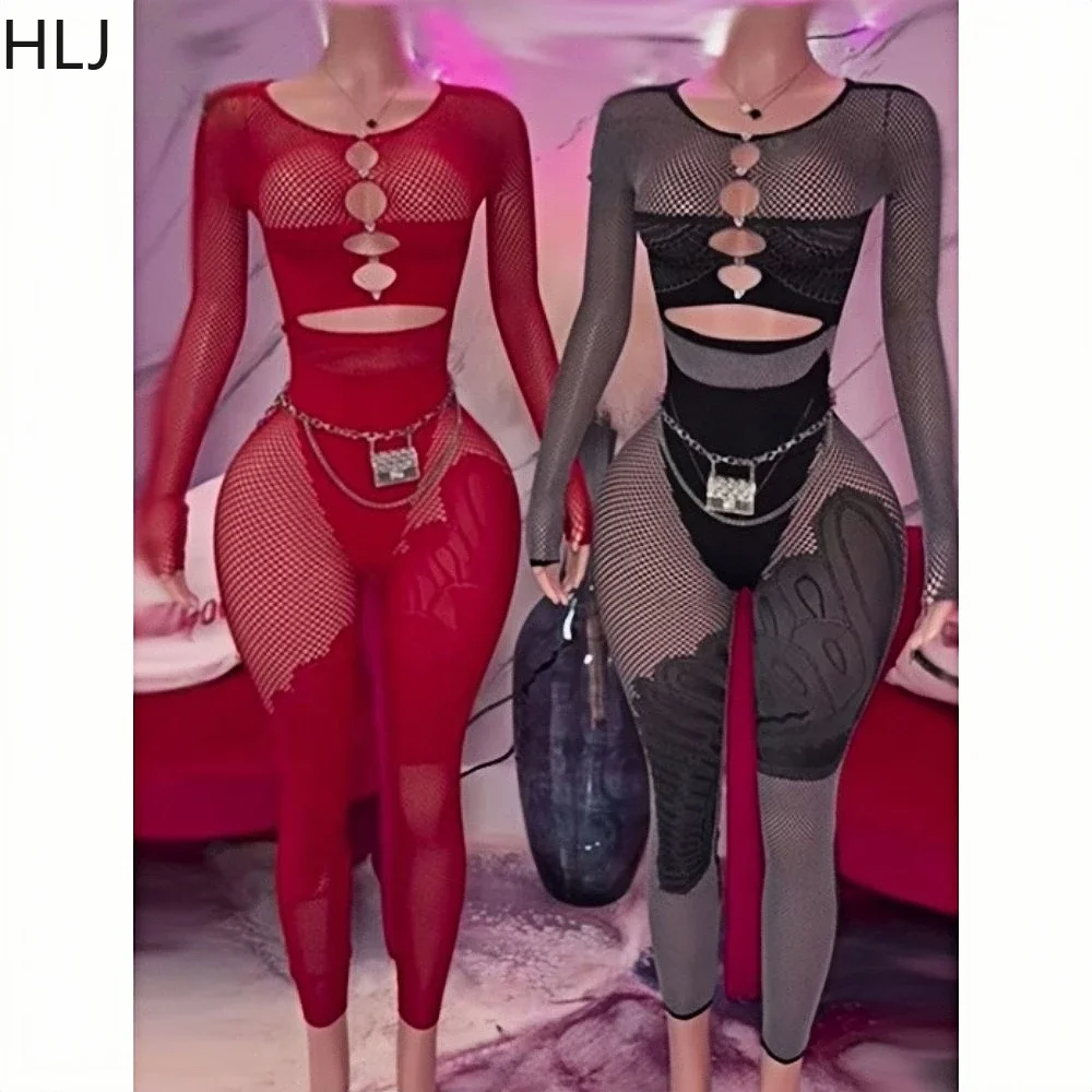 HLJ Sexy Lace Hollow Out Bodycon One Piece Jumpsuits Women Stretchy Round Neck Long Sleeve Slim Playsuits Fashion Sheer Overalls