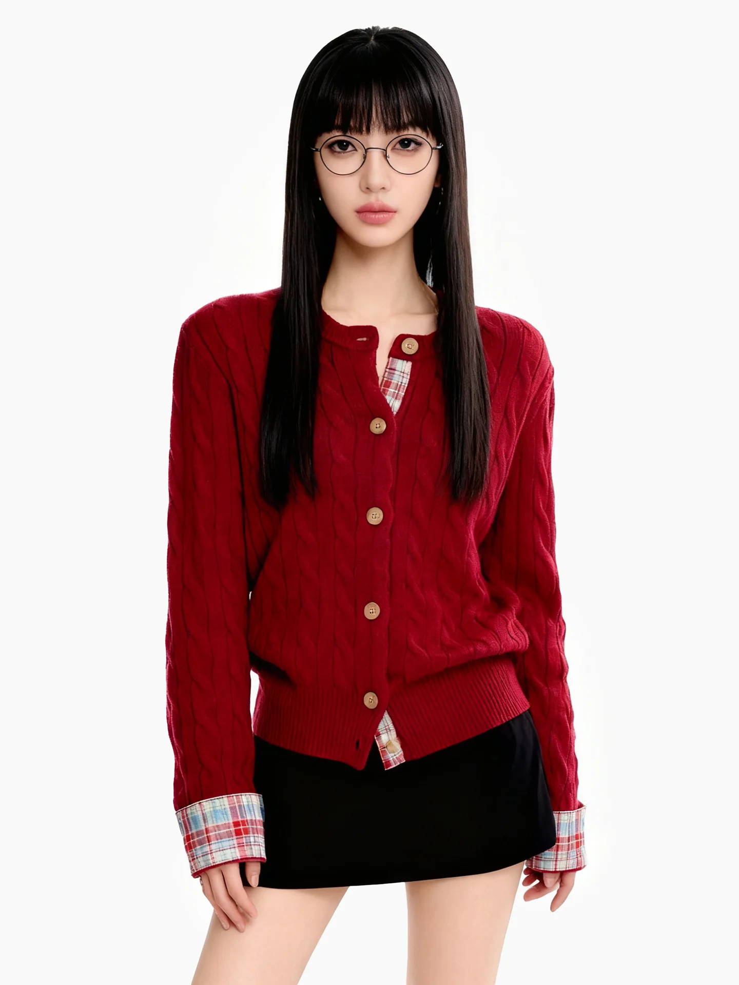 

Красный вязаный кардиган JYOOK для женщин: уникальный дизайн, весна-осень, красивая вязаная верхняя одежда, имитация двухслойного топа