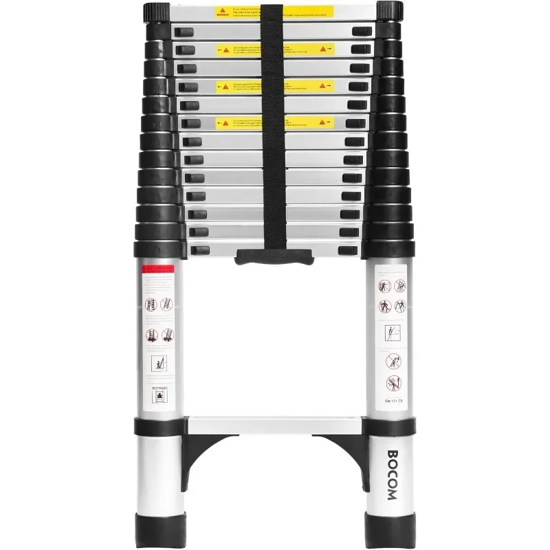 BOCOM 14.5 FT Aluminum Telescoping Ladder, Lightweight Multi-Purpose Collapsible Extension with 2 Triangle Stabilizers