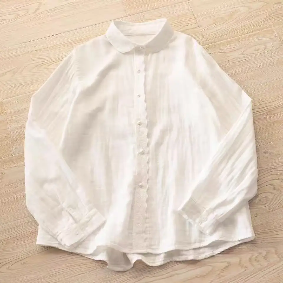 100% Cotton yarn white shirts for women autumn Japanese style peter pan collar solid long sleeve blouses ladies base tops