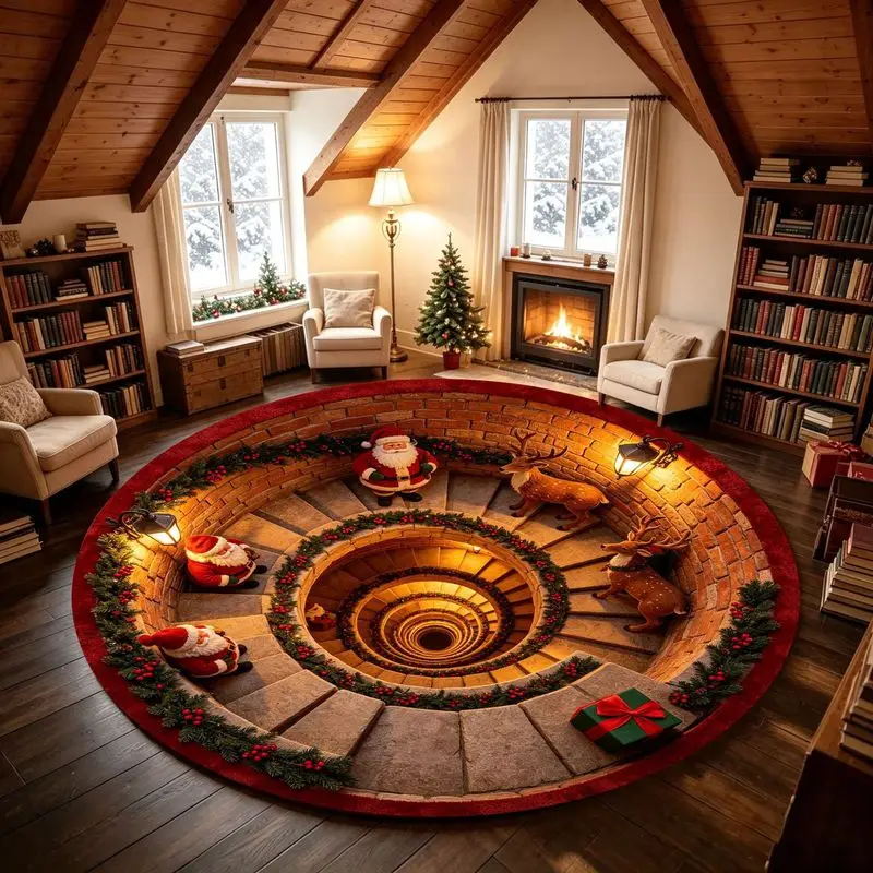 VIKAMA Xmas Round Spiral Area Rug Non Slip Soft Washable Floor Carpet for Living Room Bedroom Kids Christmas Holiday Decor