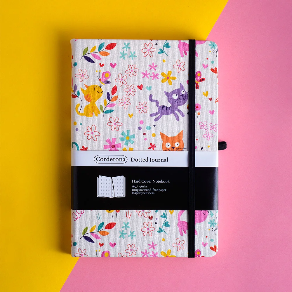 Corderona Lovely Cats Bullet Dotted Journal Elastic Band With Back Pocket Pen Loop A5 Hardcover Notebook