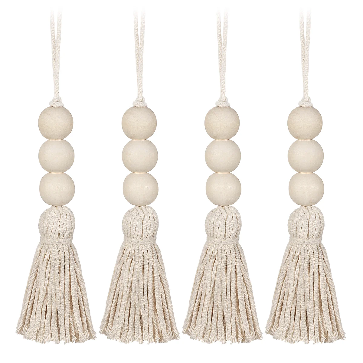 4 Pcs Wood Beads Hanging Ornaments Cotton Tassel Natural Pendants Christmas Tree