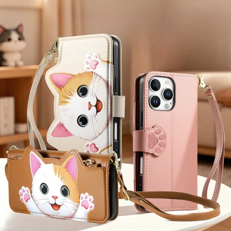 Niedliche Katzen-Lederhülle mit Reißverschluss, Umhängetasche, Flip-Brieftasche, Kartenfächern und Handyhülle für iPhone 17 16 15 14 13 12 11 Pro Max Plus 17E 16E 17Air