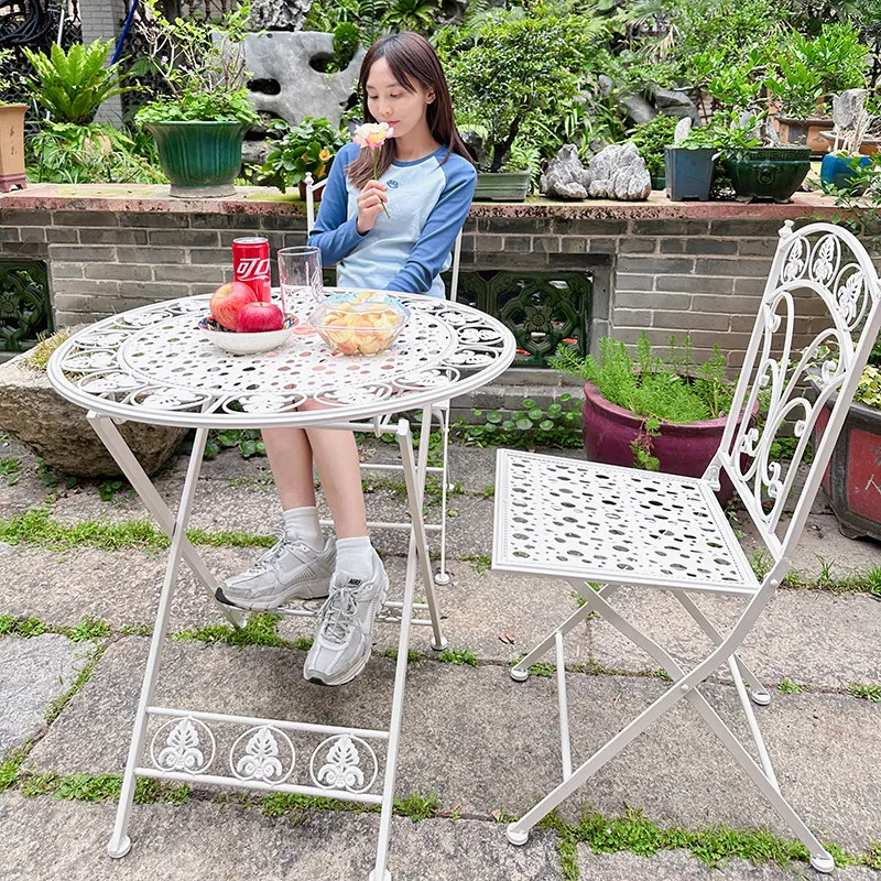 Folding Outdoor Patio Tables Garden Lawn Leisure Chairs with Table Balcony Terrace Café Furniture Space Saving Metal Garden Desk