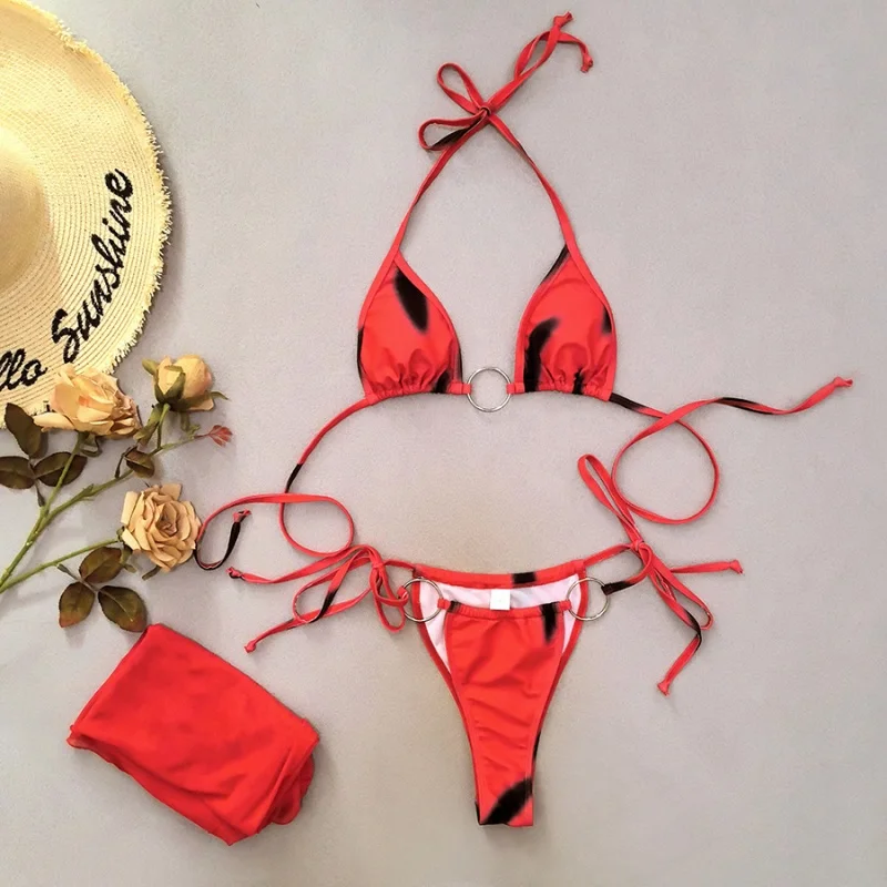 3 Piece Bikini Set Bathing Suit Women Ring Metal Buckle Sexy Triangle Lace Up Micro Bikini Mesh Skirt Beach Vacation Swimsuit