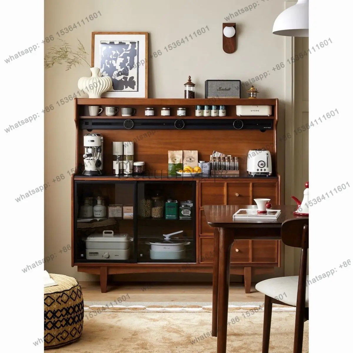

yj9 Solid wood retro Nordic medieval coffee cabinet tea storage wall integrated cabinet