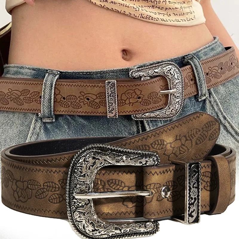 

Y2K Pattern Print Belt Western PU Leather for Women Designer Brand Metal Buckle Pin Waist Belt Girls Hip Hop Fashion Waistband