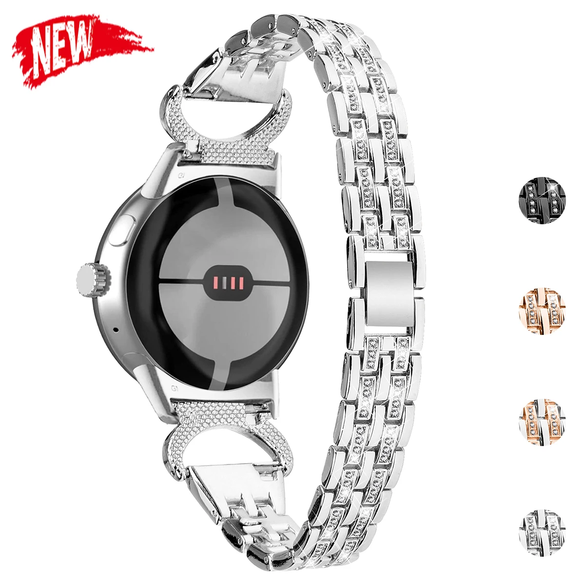 Bling Damen-Metallarmband für Google Pixel 4/3/2/1 41 mm, glänzendes Diamantarmband für Pixel Watch 3/4 41 mm, Fünf-Perlen-Armband