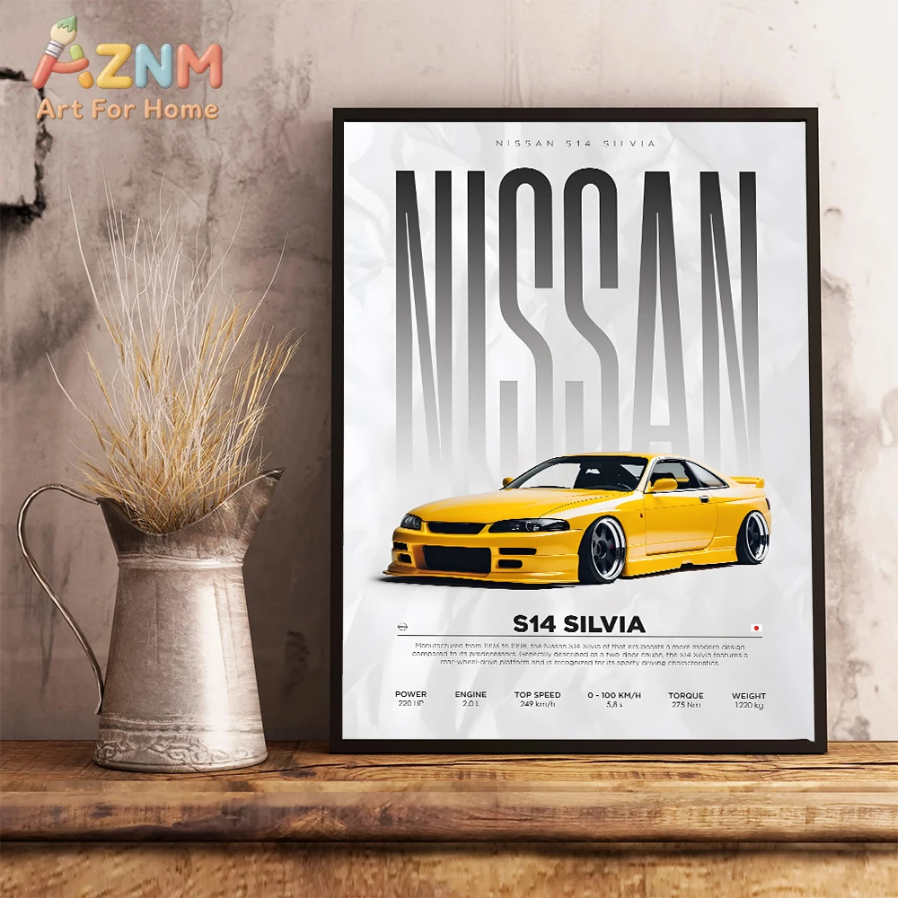 AZNM Arte de Parede em Tela Carro de Drift JDM Nissan S14 Silvia Amarelo, Impressão Única Sem Moldura, Pôster de Especificações de Carro Esportivo Clássico Japonês