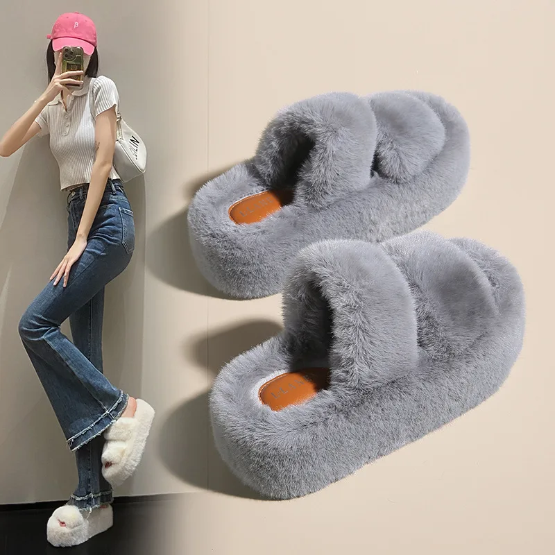 Furry Platform Slippers Women's Shoes Sandals Plush Slippers Women's Autumn and Winter Outer Wear Thick Bottom Home Cute Slipper