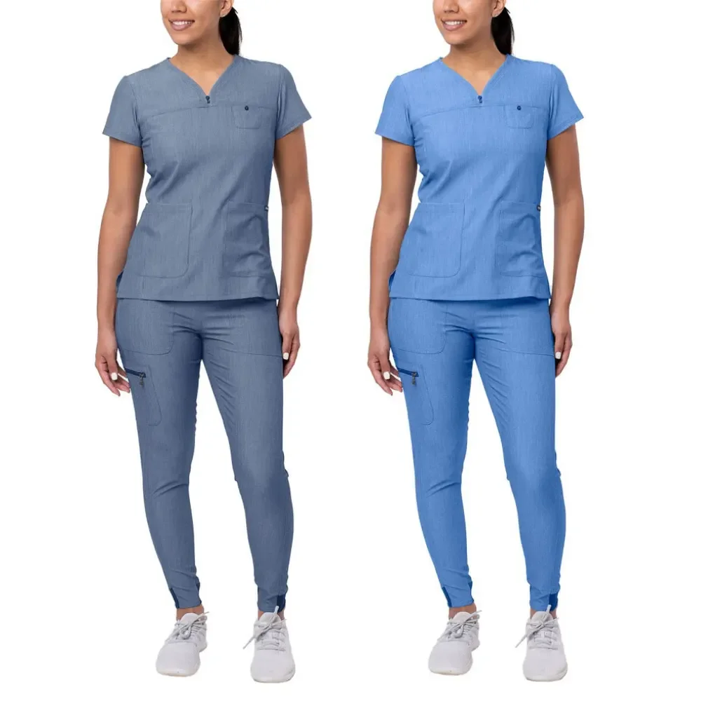 Mulheres de enfermagem médica esfrega conjunto uniforme, tops e calças com decote em v, pet grooming suit, uniforme hospitalar, alta qualidade, atacado