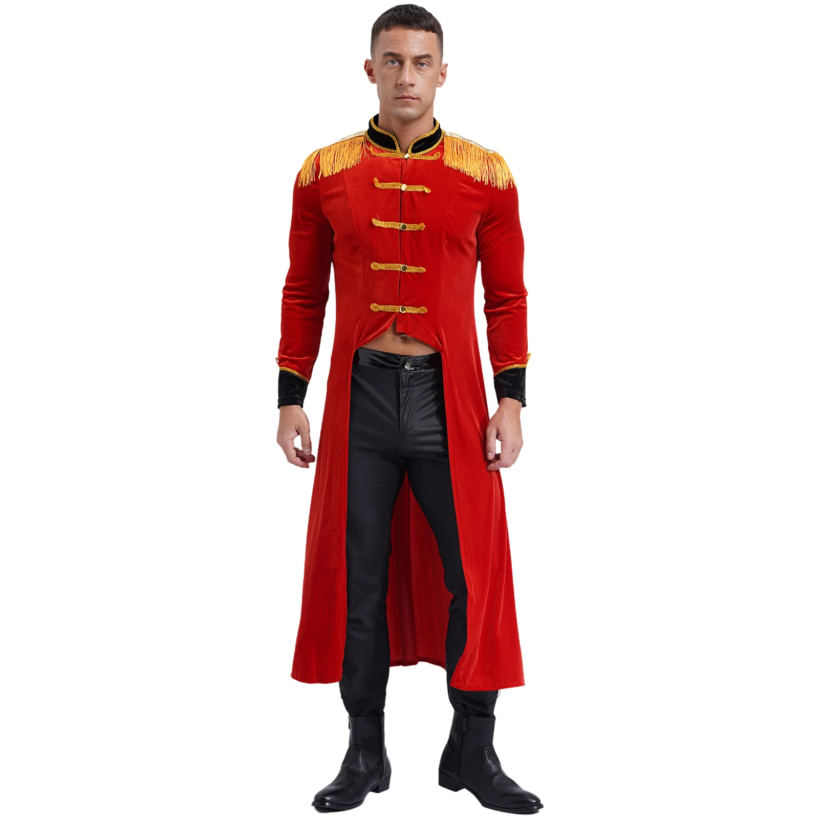 

Mens Circus Ringmaster Costume Halloween Carnival Party Cosplay Lion Tamer Tailcoat Fringe Shoulder Trench Coat Gothic Jacket