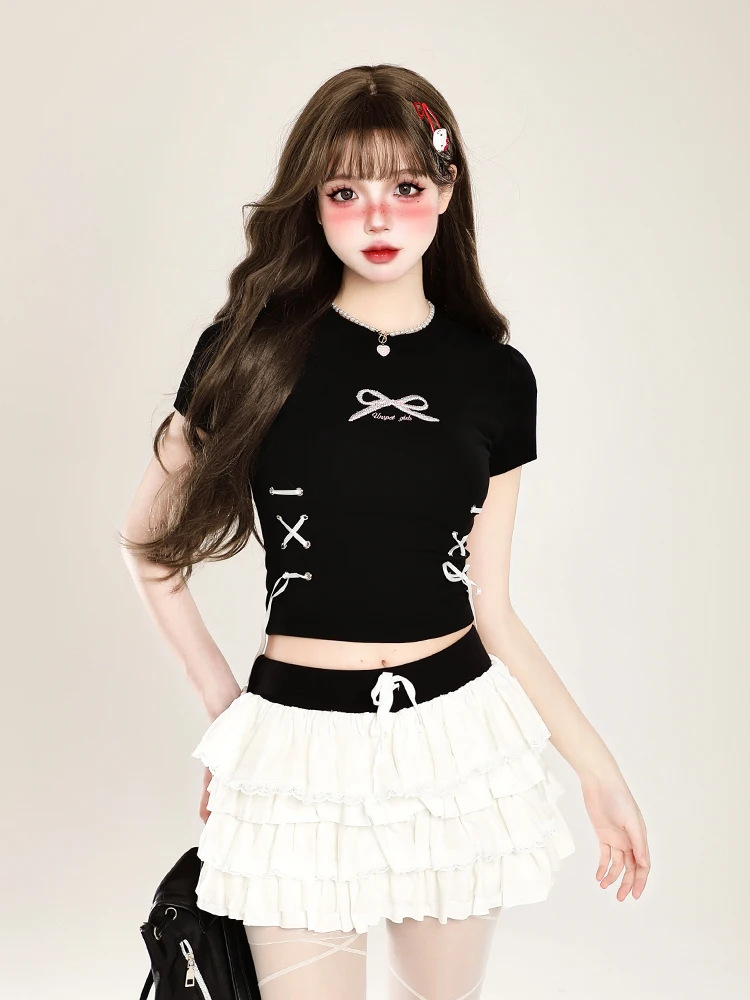 

2025 Summer Funny Shirt Women T-Shirts Y2k Harajuku Fashion Korean Vintag Print Crop Tops Vintage Short Sleeve Gothic Black Tee