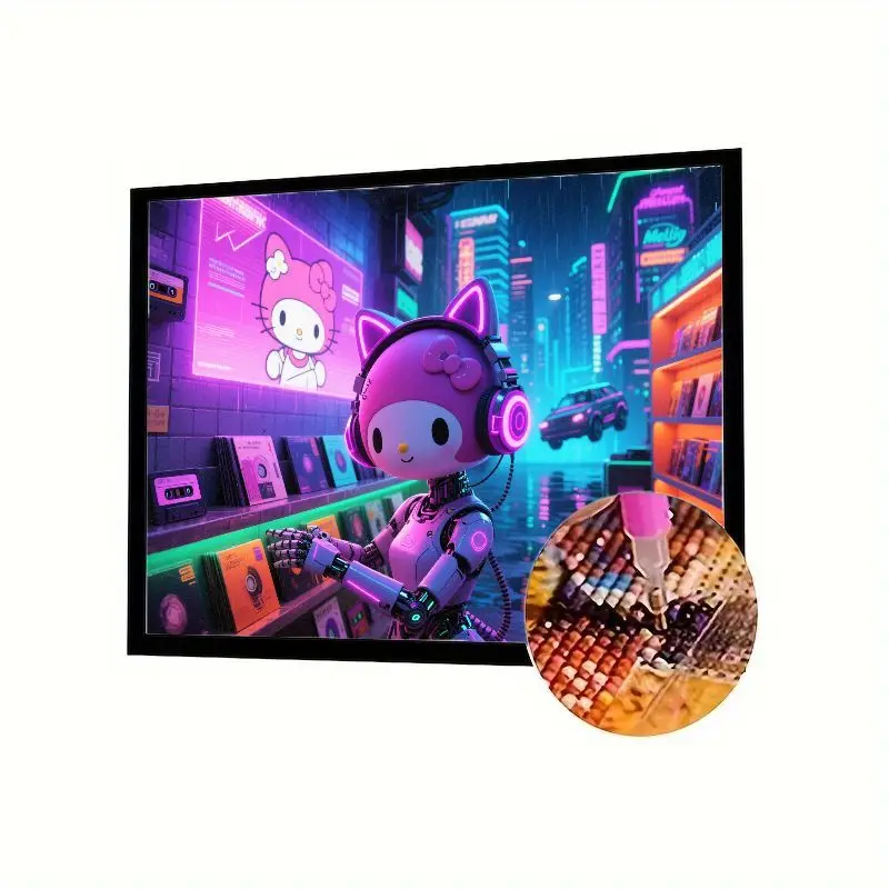 

1PC 5D Diamond Painting Kit - Cute My Melody Robot & Hello Kitty Cyberpunk Neon City Scene - Full Drill DIY Diamond Art Craft fo
