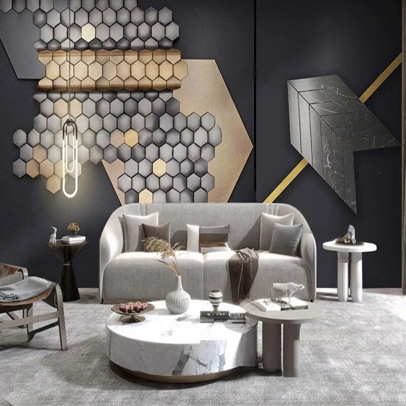 

MU8815 Modern and simple 3D light luxury high-end solid wood grille bedroom sofa background wall