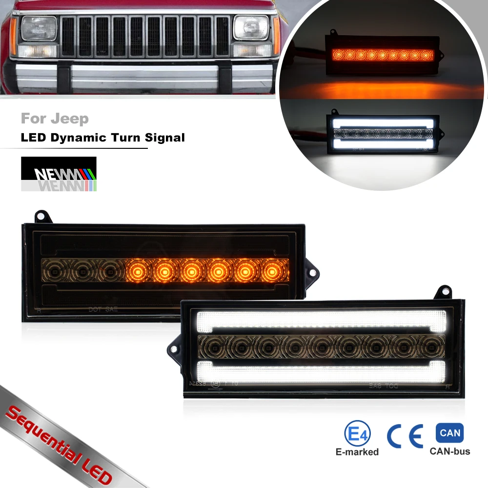 

For Jeep Cherokee XJ 1984 1985-1995 1996 Wagoneer LED Front Bumper Corner Sequential Turn Signal Lights White DRL Parking Lamps