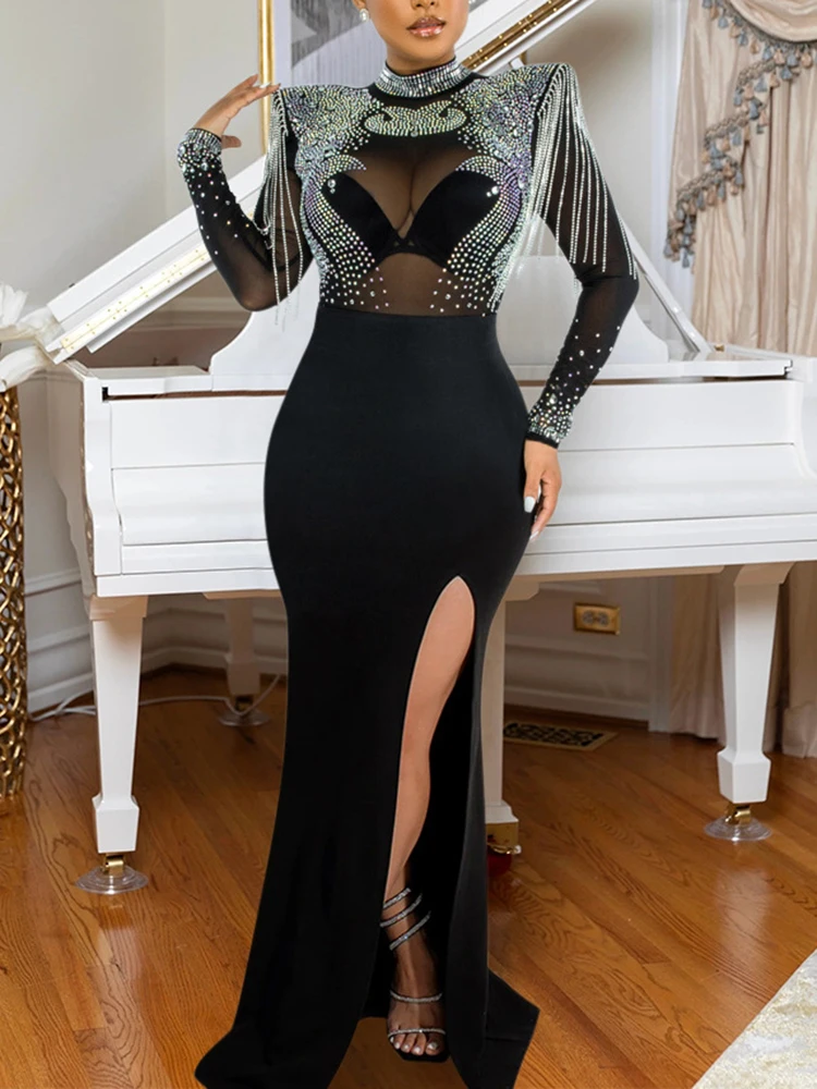 

Sexy Mesh Mirrors Rhinestones Evening Long Dresses for Women Elegant See-through Dinner Gown Slipt Formal Robe