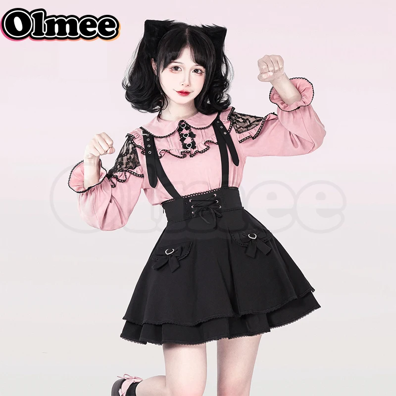 [Olmee] In Stock Jirai Kei Overall Kitty Skirt Shirt Japanese Lolita Mine Style Ryousan Gata y2k Kawaii Girly Belt Pinafore