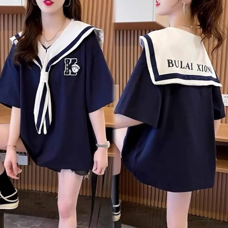 plus Size Women's Cotton ort Sve T-irt Summer 2026 Trendy Doll Collar Top Slimming Belly Covering Korean Sle