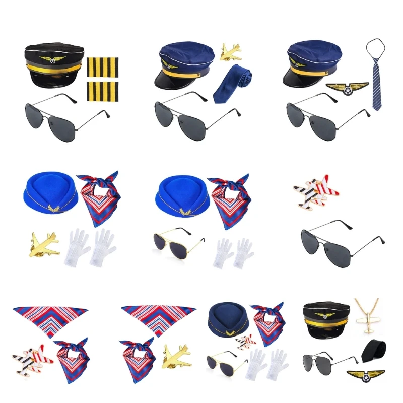 

Captain and Stewardess Cosplay Costume Accessories for Halloween Couple Dress Up Captain Hat Aviator-Sunglasses Prop