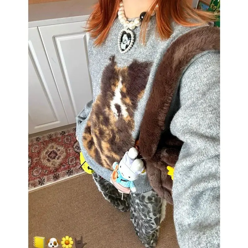 

Women's Cartoon Dog Pattern Round Neck Knitted Sweater Autumn New Casual Top Female Patchwork Long Sleeved Knitted Pullover