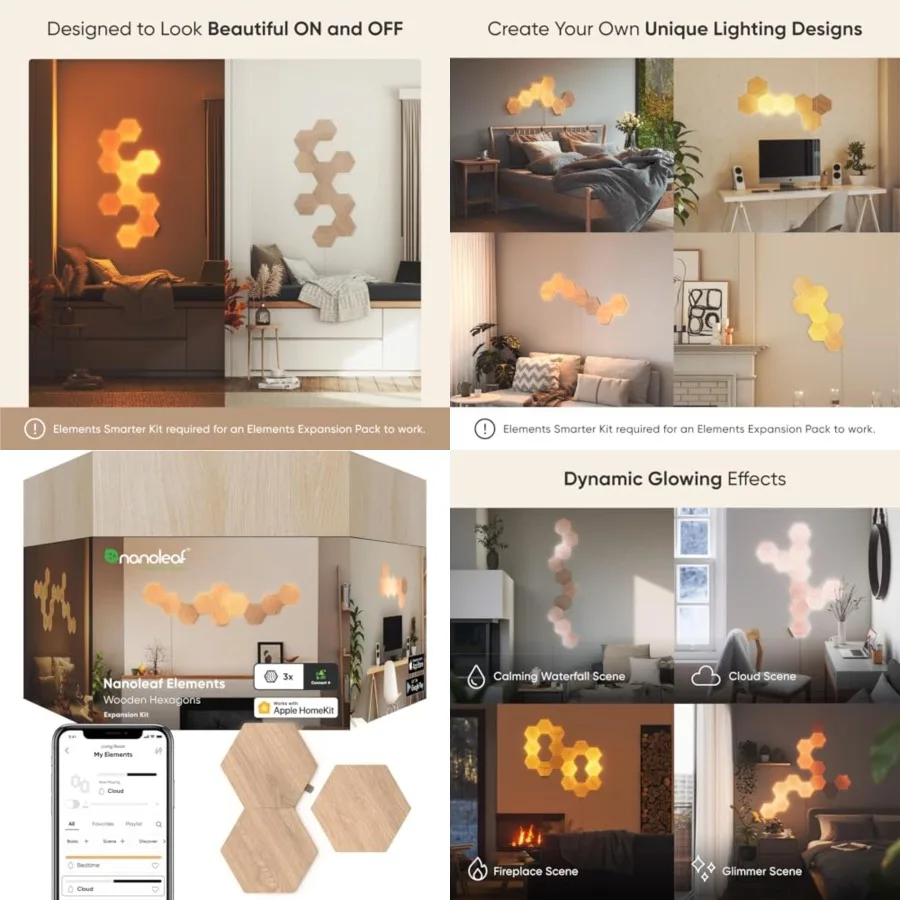 

Elements Wood Look Smart Wall Lights, Hexagon LED Wall Lights Work with Alexa Google Assistant, Home Wall Decor for Living Room