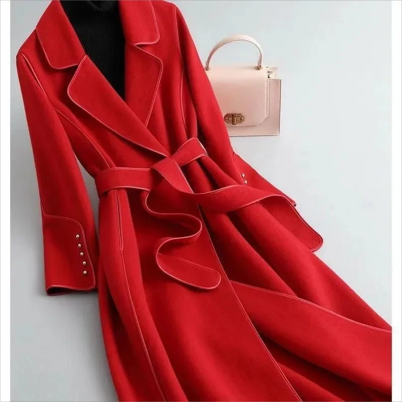 

High-grade double-sided tweed coat Winter women's knee-length belt handmade tweed coat women's coat JJ365