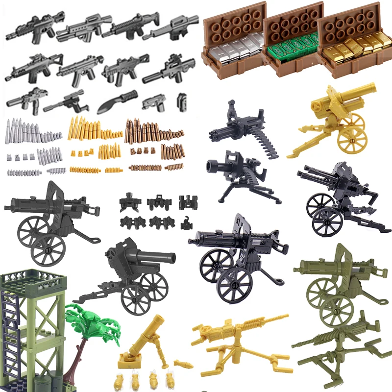 Military Building Blocks Figures Accessories Weapons Gold Bricks Box Gun-Howitzer Pistol Bullet Pieces Sentry Post Toys Gifts