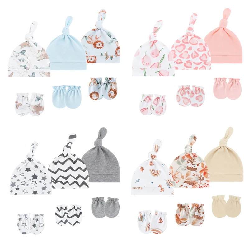 

3 Sets Newborn Hat Gloves Suit Cotton Cartoon Baby Beanie Infant Bonnet Toddler Cap Kids Hats for Girls Boys Newborn Gift 0-6M